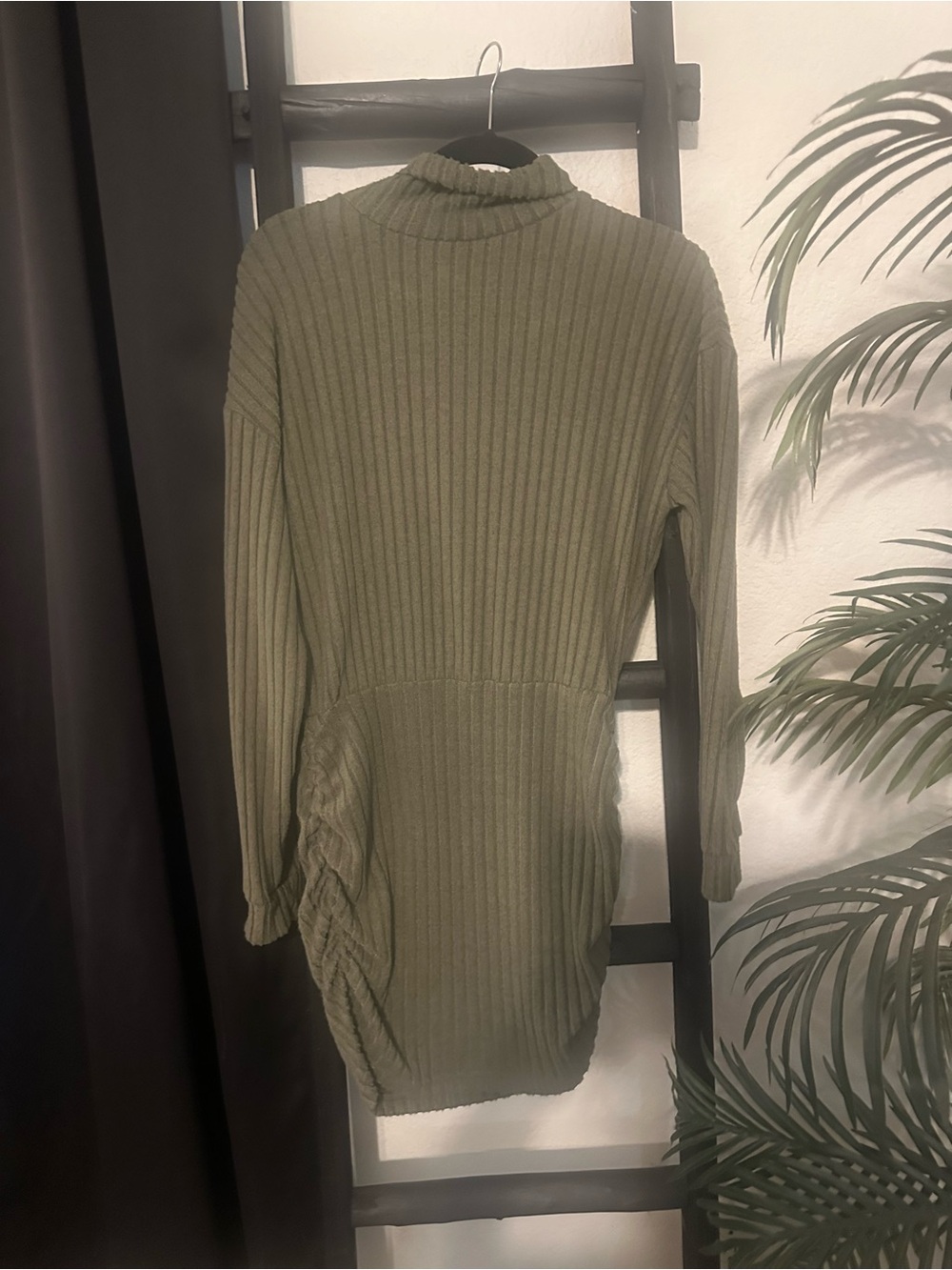Ribbed Olive Long-Sleeve Turtleneck Dress with Side Ruching